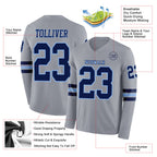 Custom Gray Navy-Light Blue Long Sleeve Authentic Football Jersey