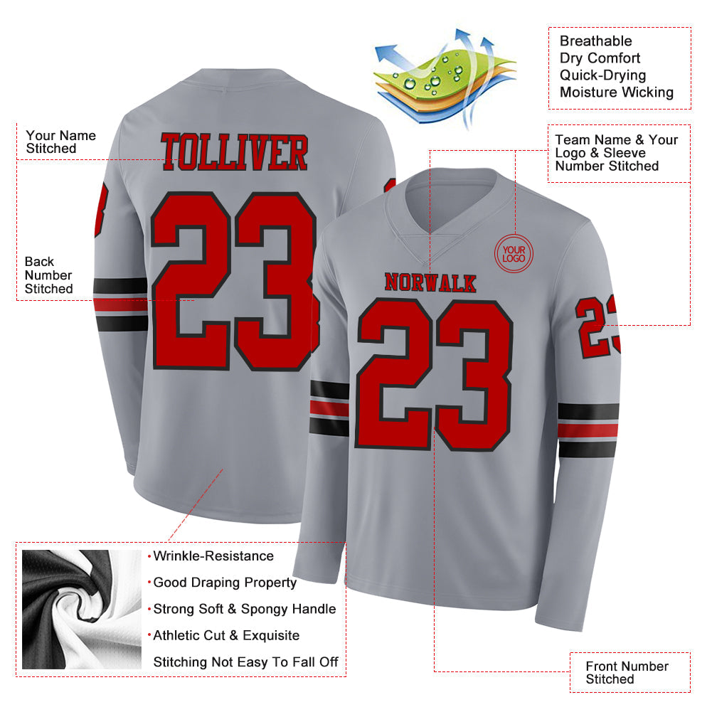 Custom Gray Red-Black Long Sleeve Authentic Football Jersey