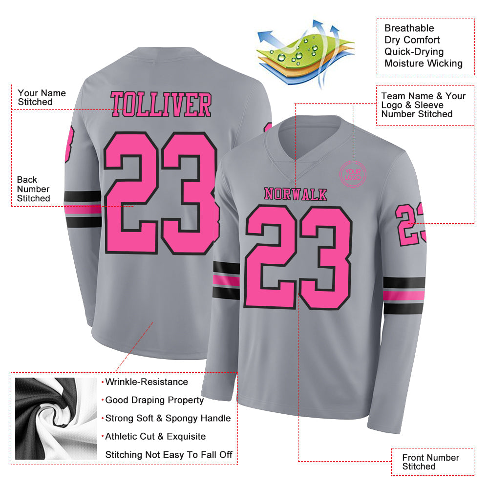 Custom Gray Pink-Black Long Sleeve Authentic Football Jersey