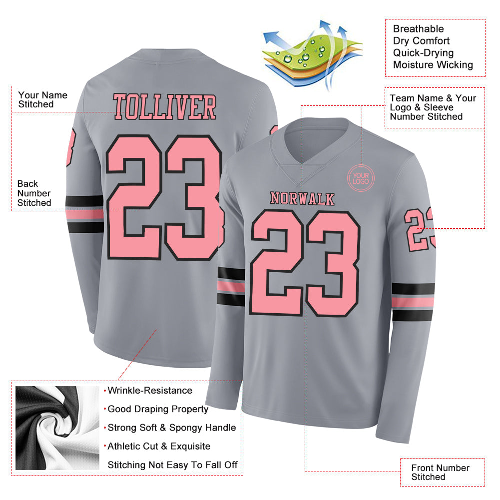 Custom Gray Medium Pink-Black Long Sleeve Authentic Football Jersey