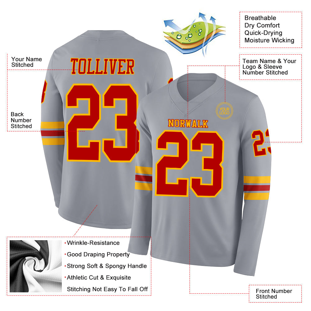Custom Gray Red-Gold Long Sleeve Authentic Football Jersey