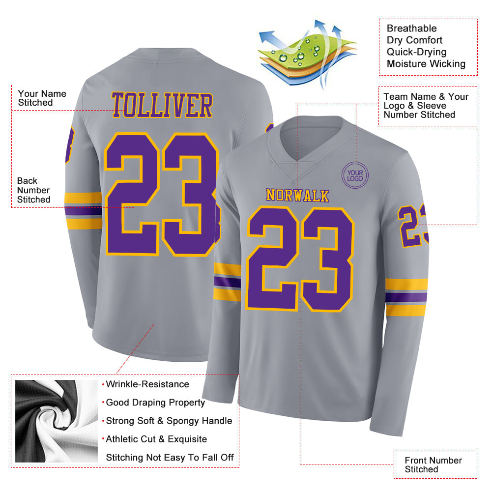 Custom Gray Purple-Gold Long Sleeve Authentic Football Jersey