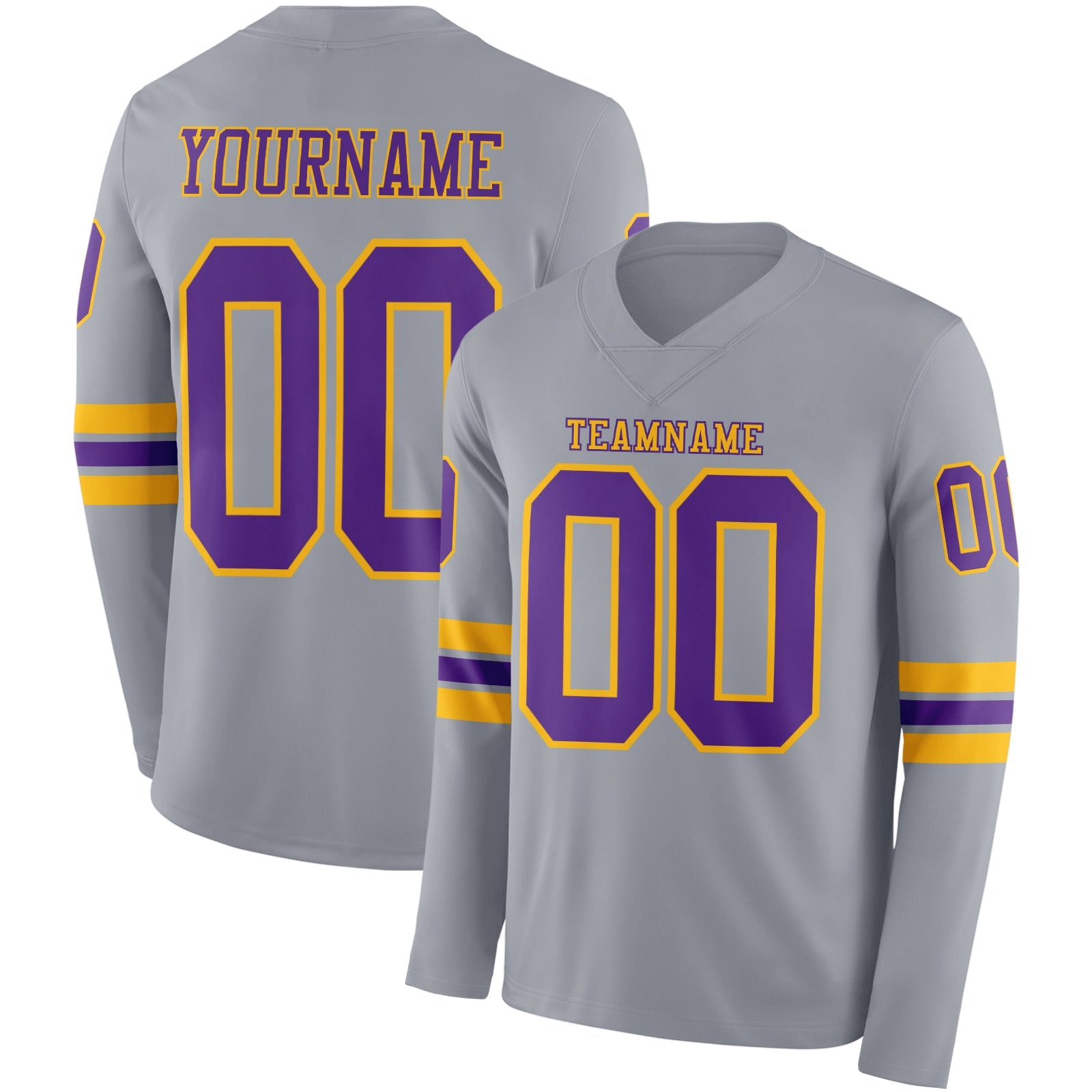 Custom Gray Purple-Gold Long Sleeve Authentic Football Jersey