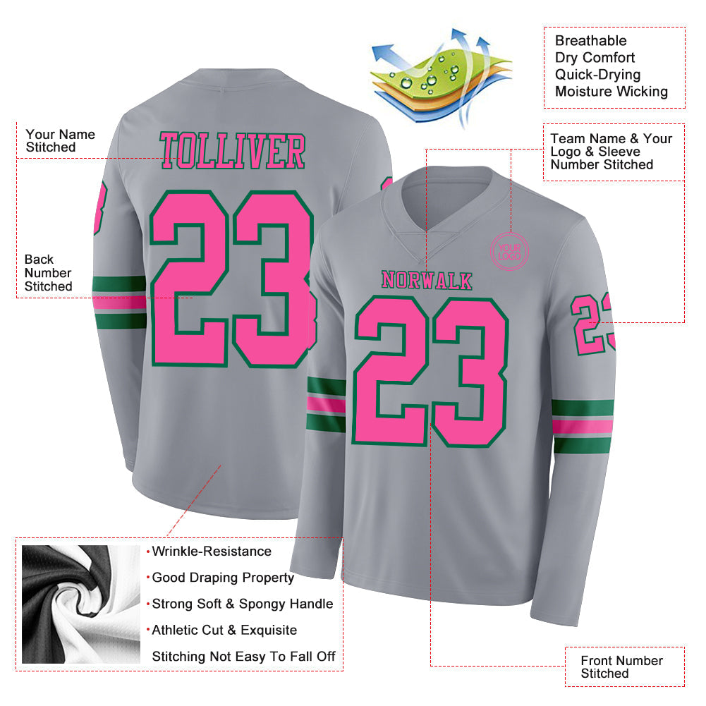 Custom Gray Pink-Kelly Green Long Sleeve Authentic Football Jersey