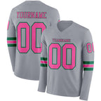 Custom Gray Pink-Kelly Green Long Sleeve Authentic Football Jersey
