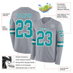 Custom Gray Teal-White Long Sleeve Authentic Football Jersey