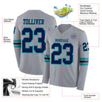 Custom Gray Navy-Teal Long Sleeve Authentic Football Jersey