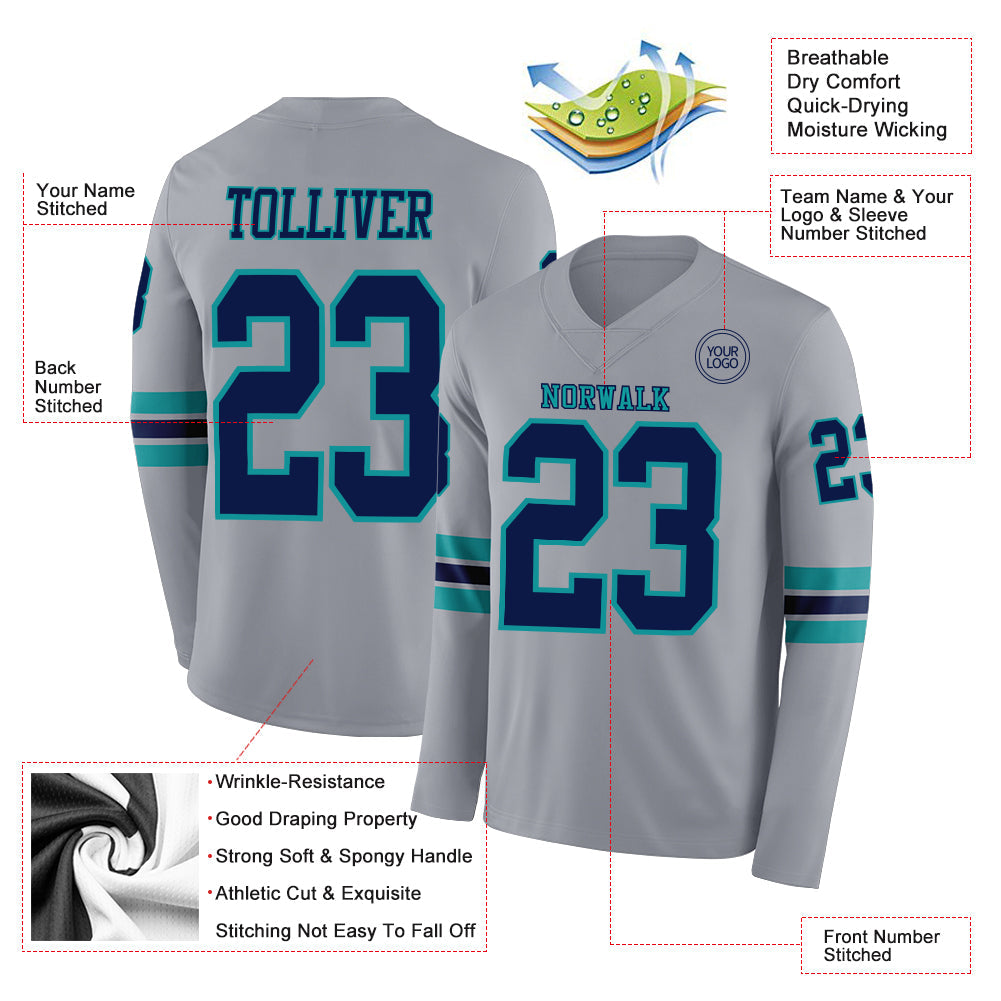Custom Gray Navy-Teal Long Sleeve Authentic Football Jersey