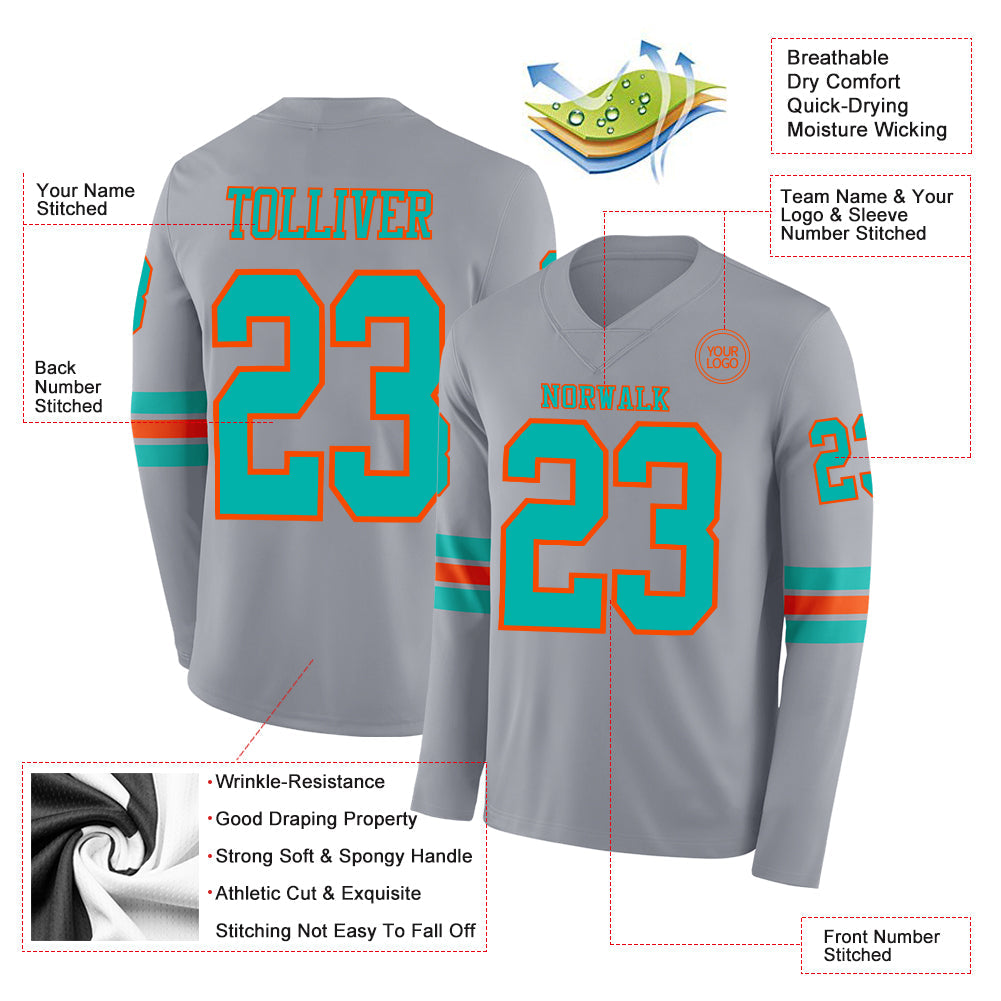 Custom Gray Aqua-Orange Long Sleeve Authentic Football Jersey
