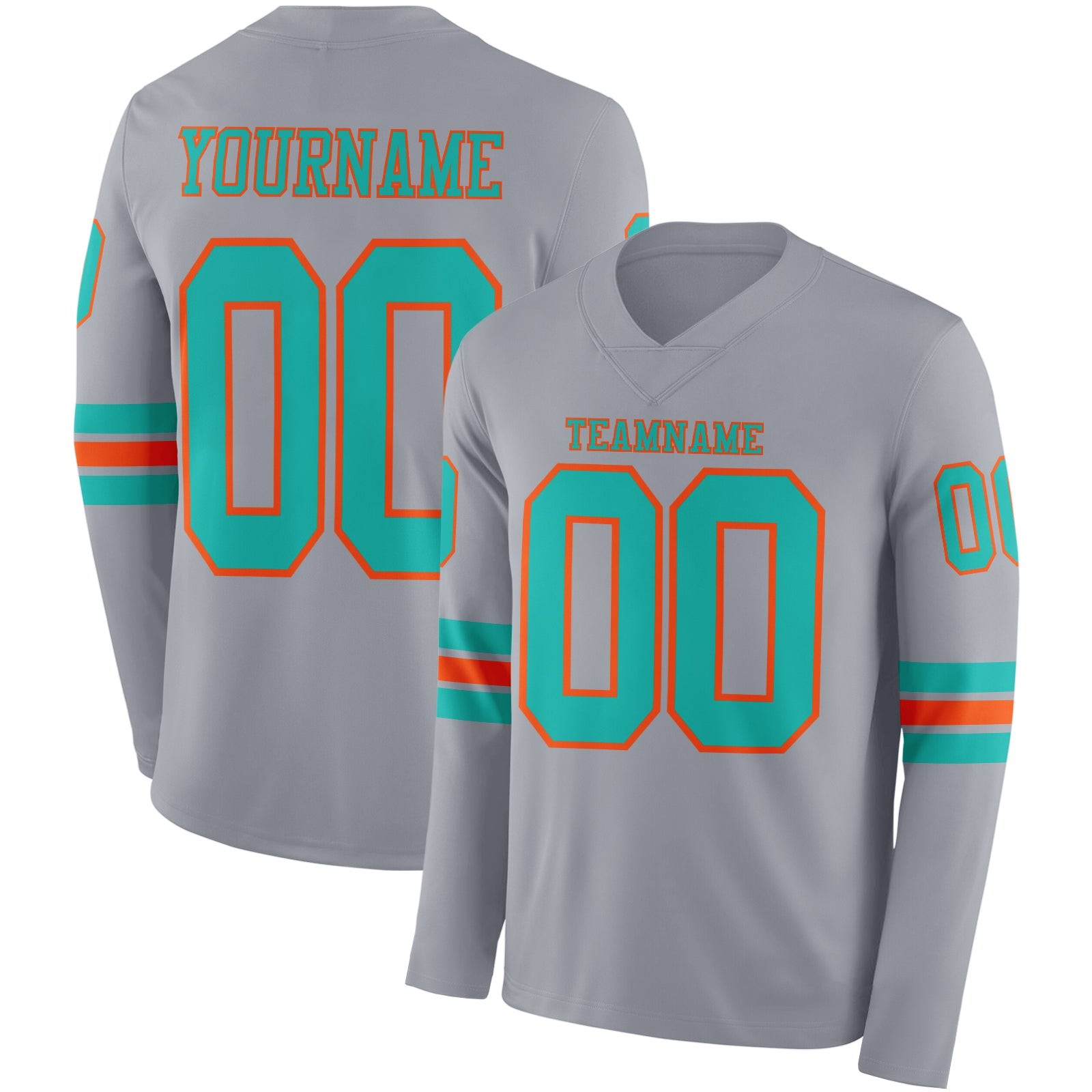 Custom Gray Aqua-Orange Long Sleeve Authentic Football Jersey