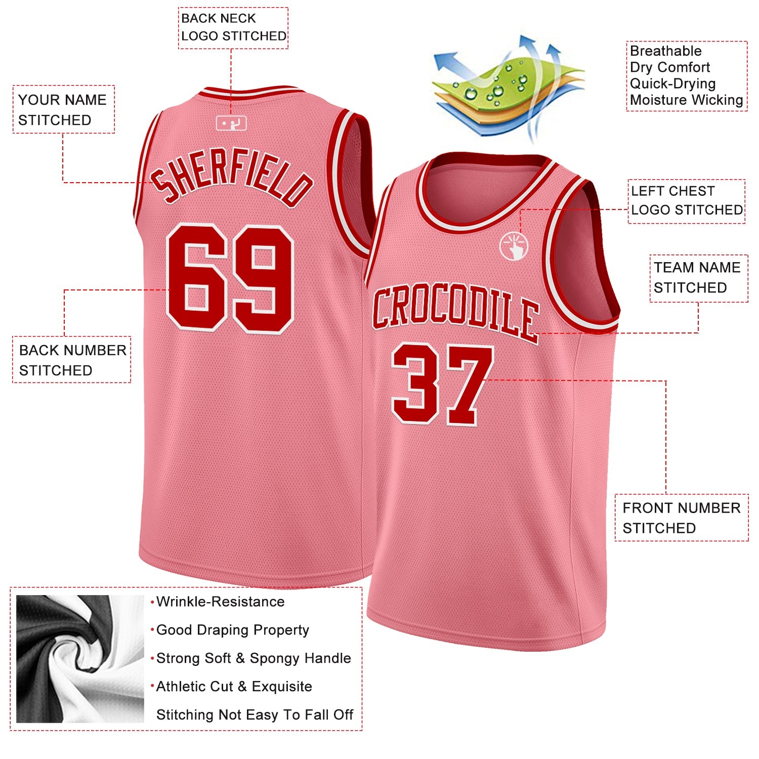 Custom Medium Pink Red-White Authentic Basketball Jersey