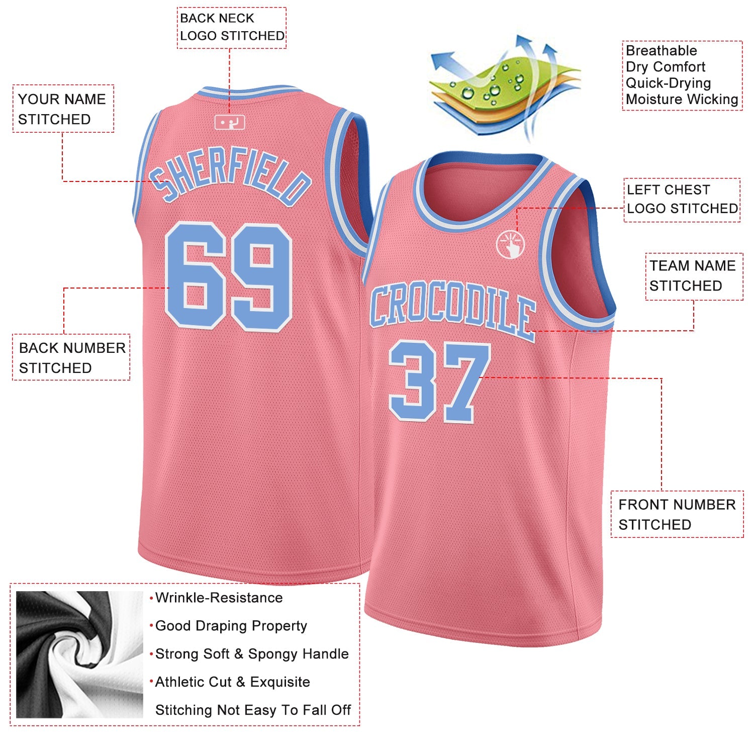 Custom Medium Pink Light Blue-White Authentic Basketball Jersey