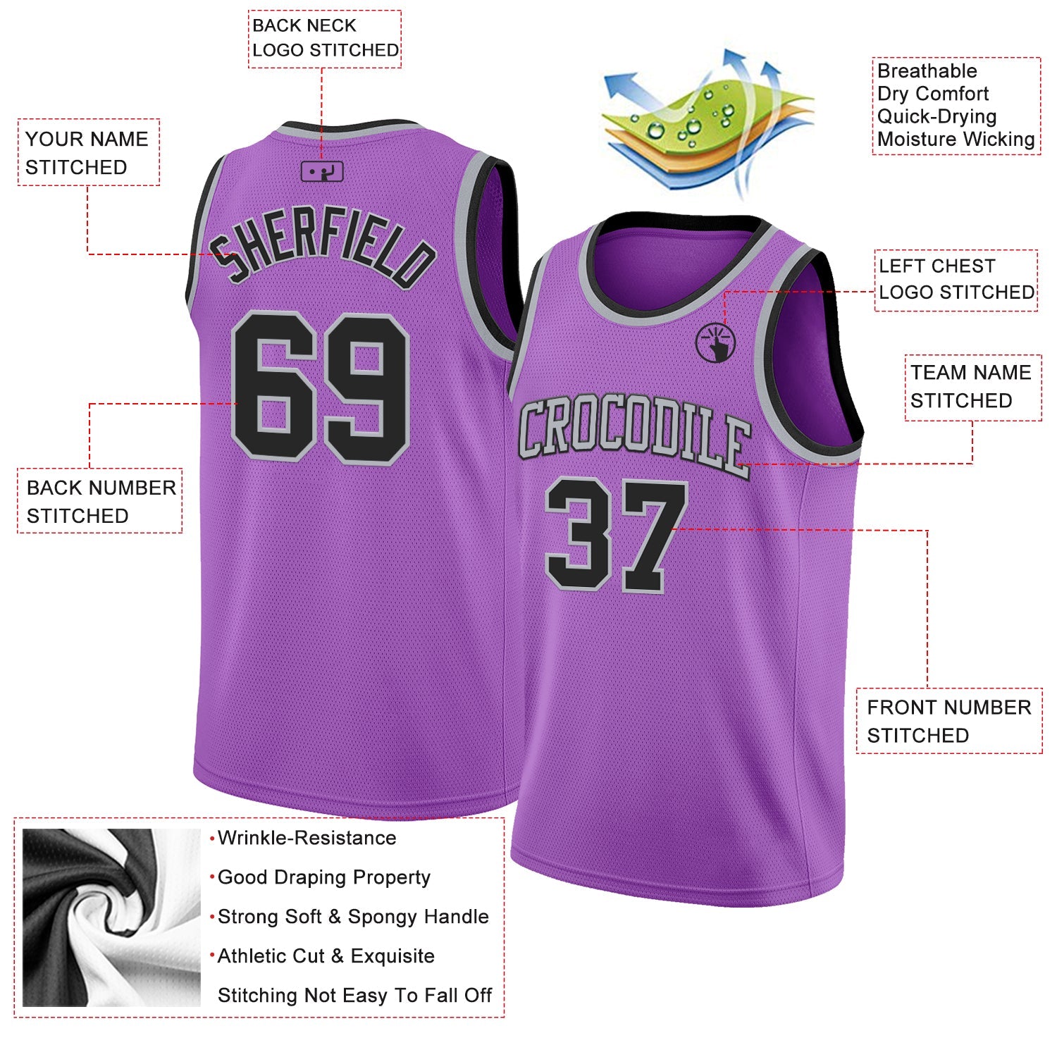 Custom Medium Purple Black-Gray Authentic Basketball Jersey