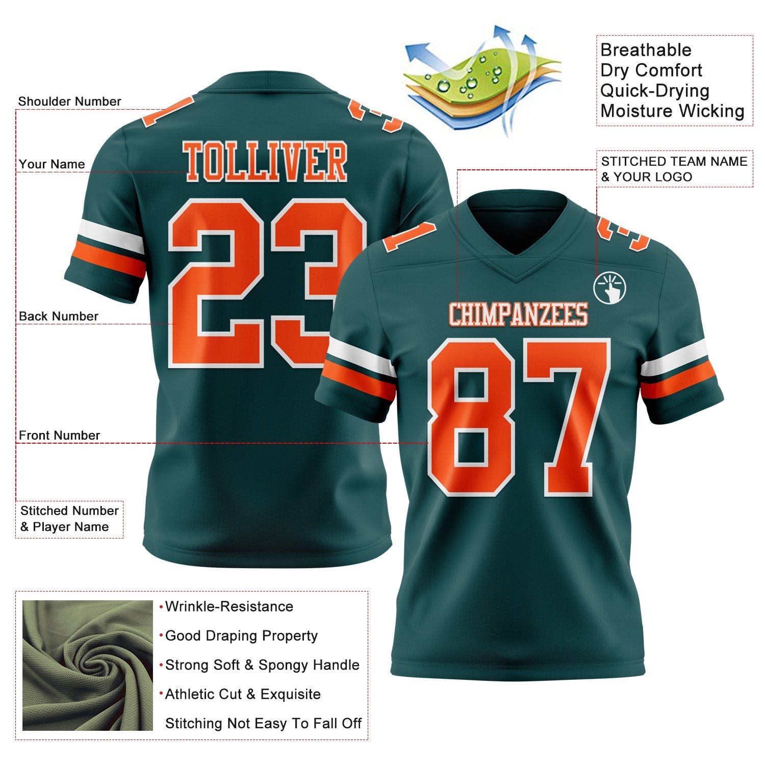 Custom Midnight Green Orange-White Authentic Football Jersey