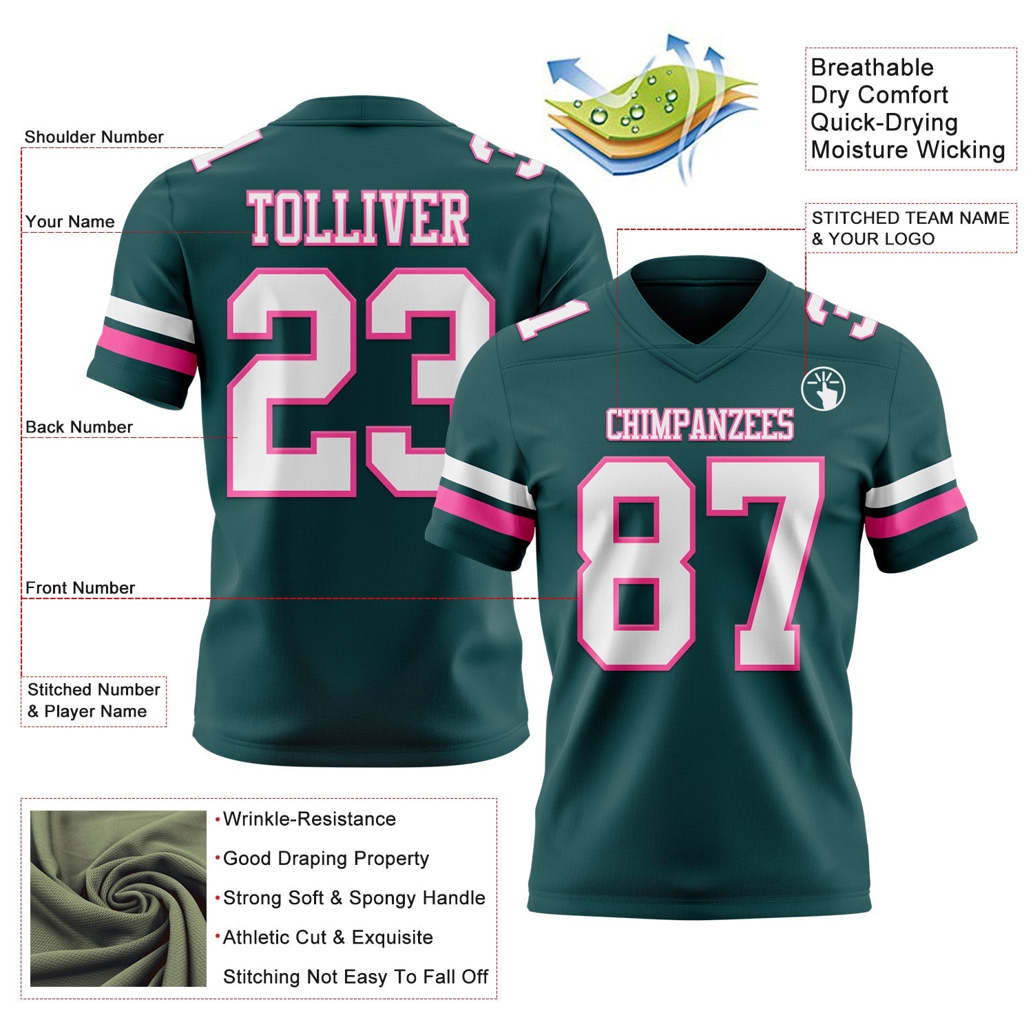Custom Midnight Green White-Pink Authentic Football Jersey