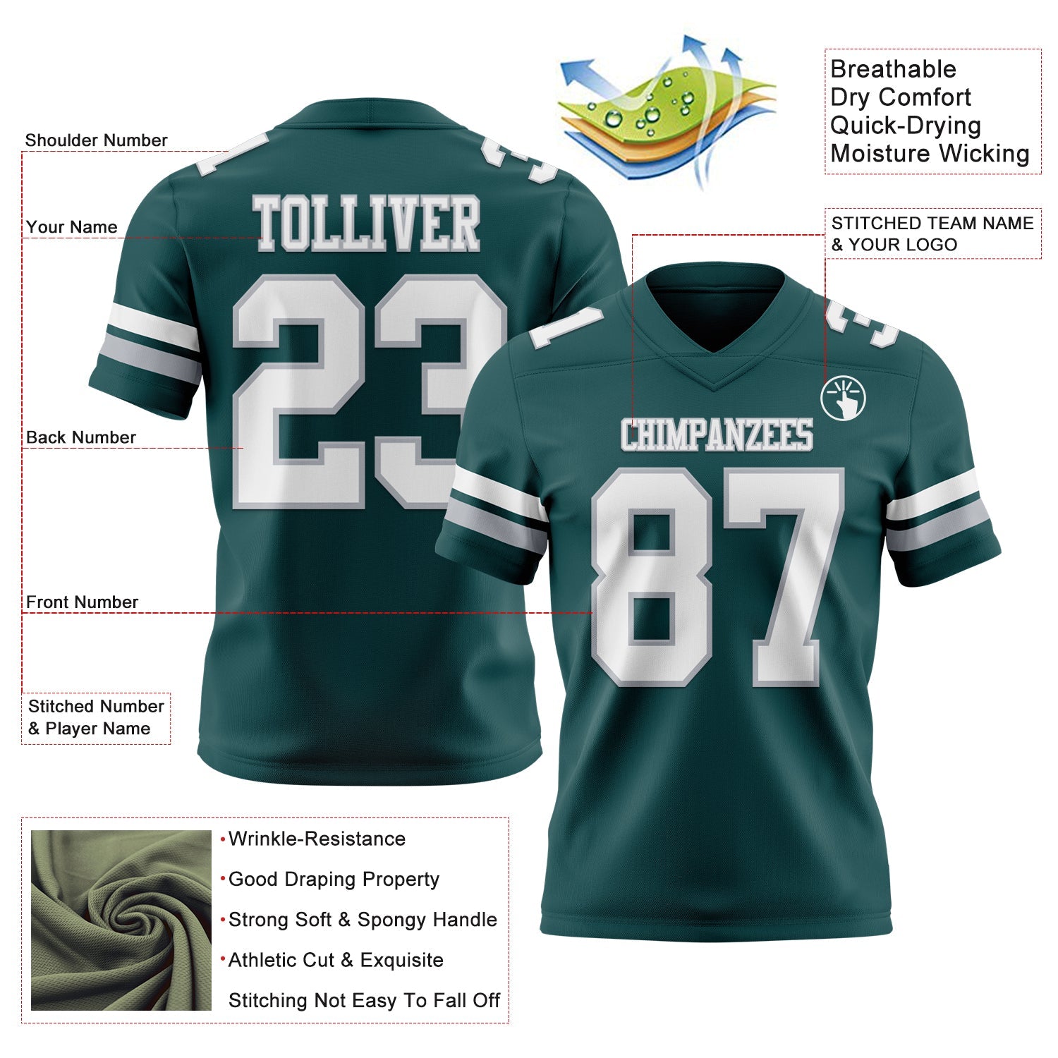 Custom Midnight Green White-Gray Authentic Football Jersey