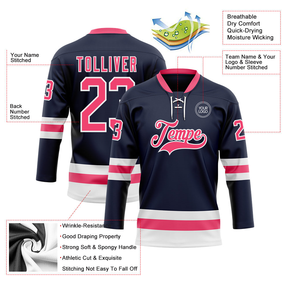 Custom Navy Neon Pink-White Hockey Lace Neck Jersey