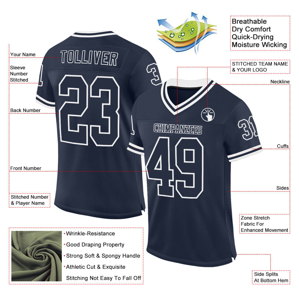 Custom Navy White Mesh Authentic Throwback Football Jersey