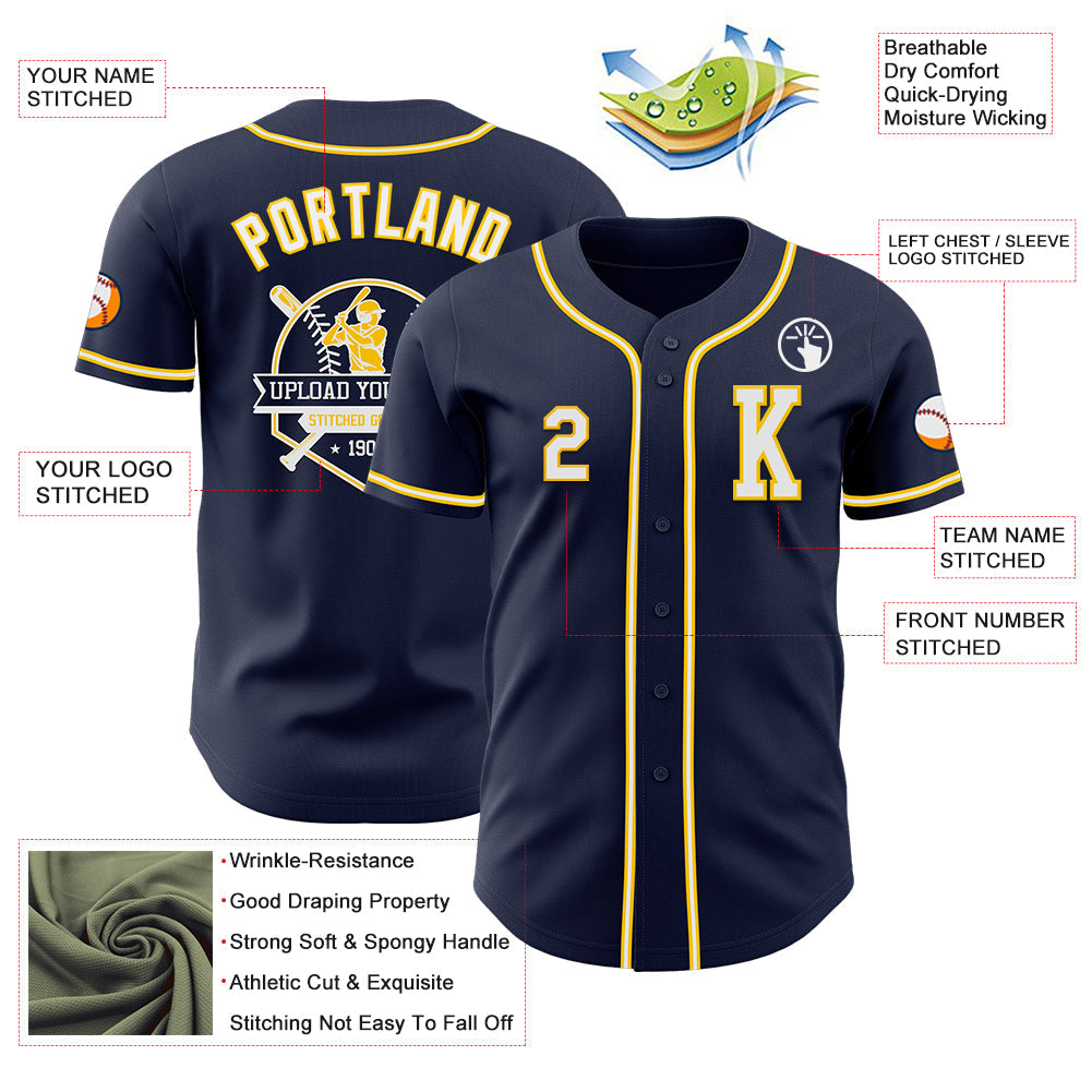 Custom Navy White-Yellow Authentic Baseball Jersey