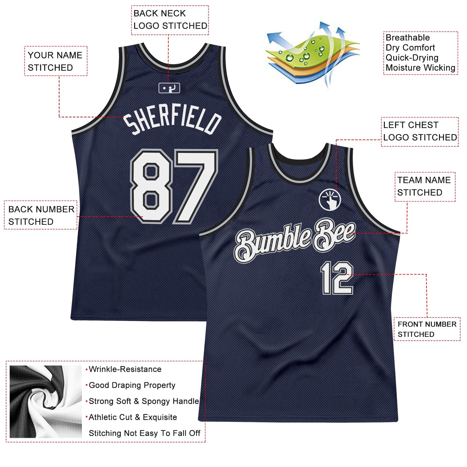 Custom Navy White Black-Gray Authentic Throwback Basketball Jersey