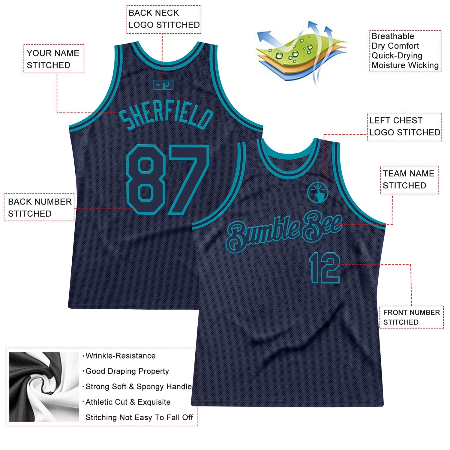 Custom Navy Teal Authentic Throwback Basketball Jersey