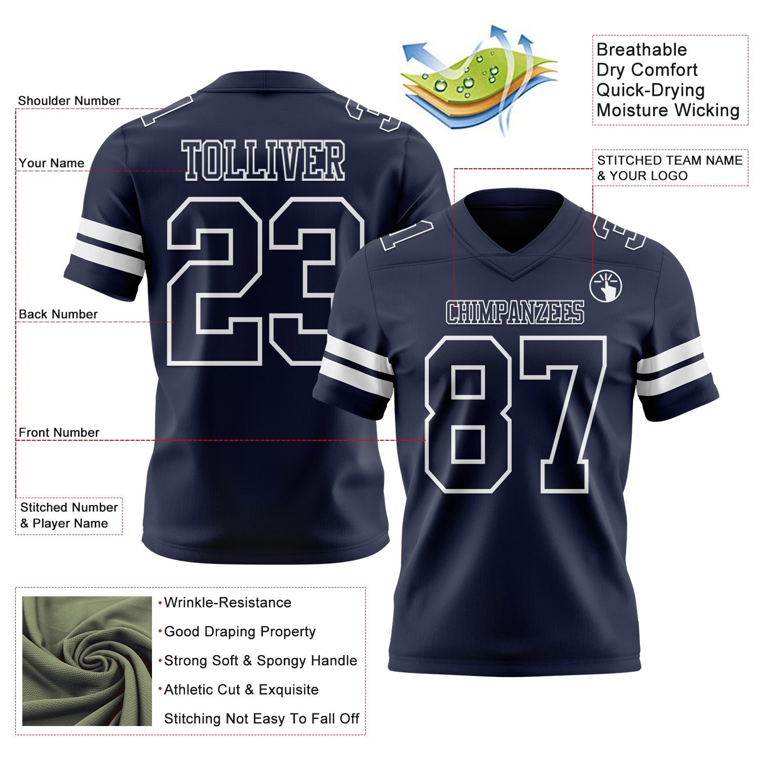 Custom Navy White Authentic Football Jersey