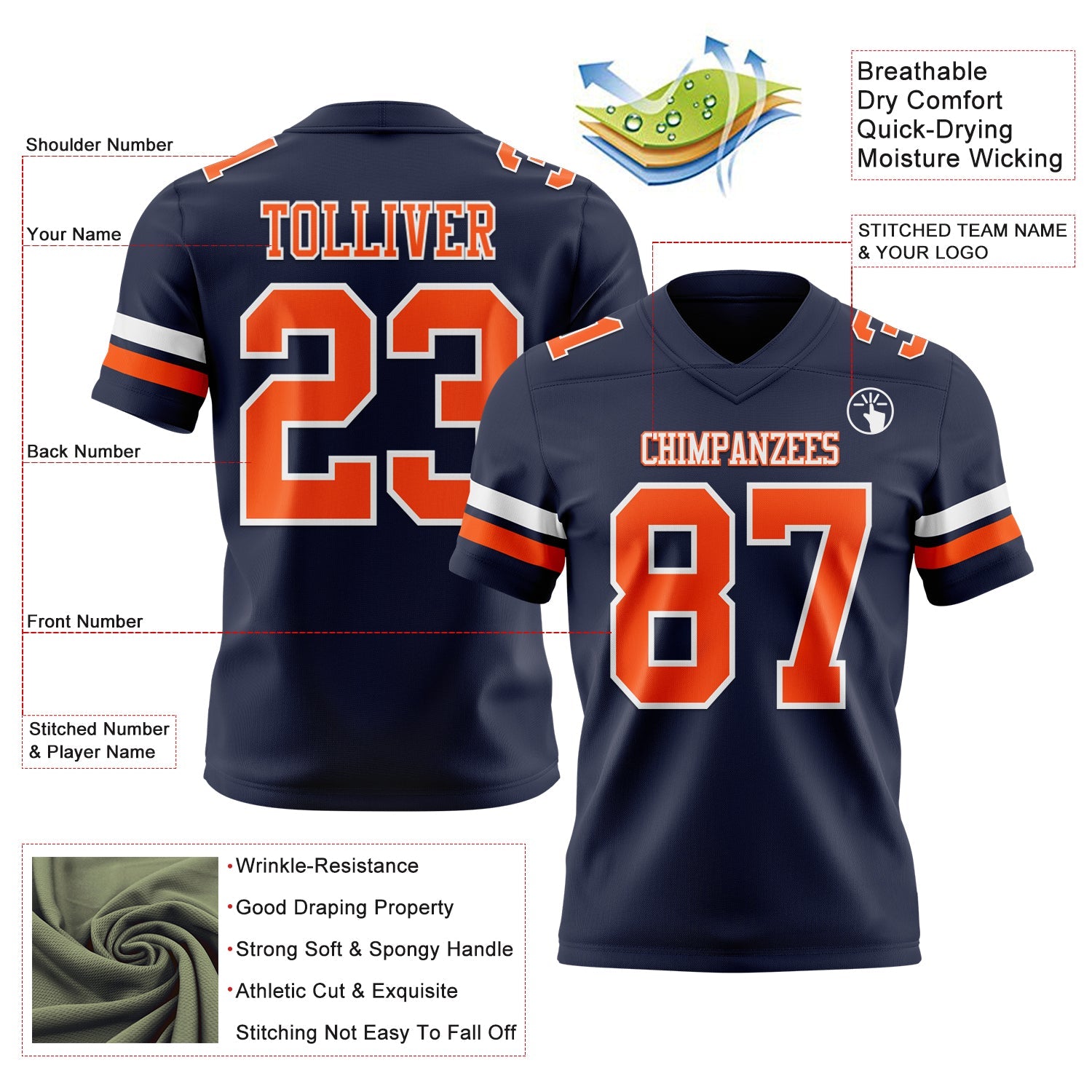 Custom Navy Orange-White Authentic Football Jersey
