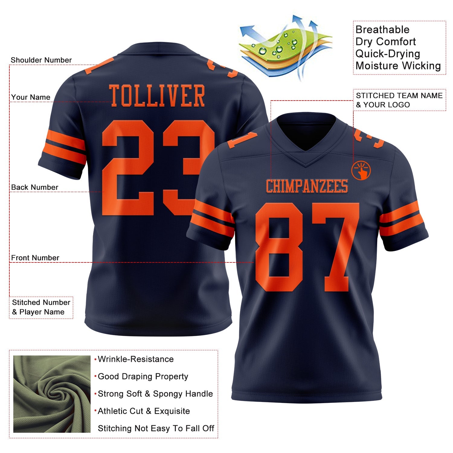 Custom Navy Orange Authentic Football Jersey