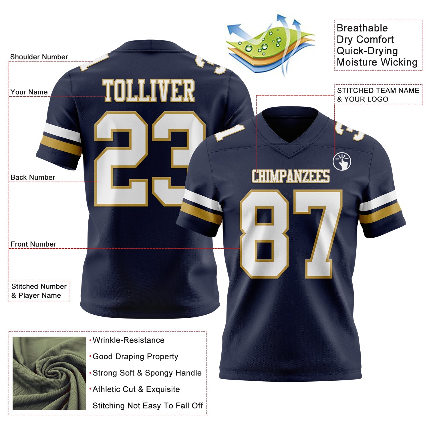 Custom Navy White-Old Gold Authentic Football Jersey