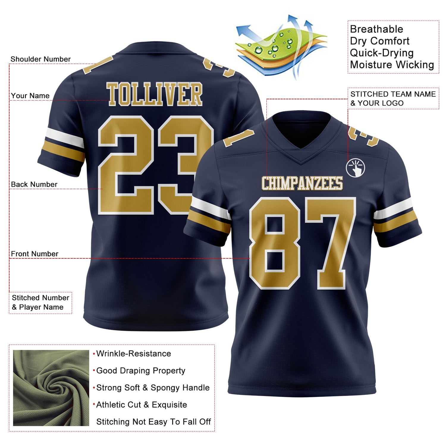 Custom Navy Old Gold-White Authentic Football Jersey