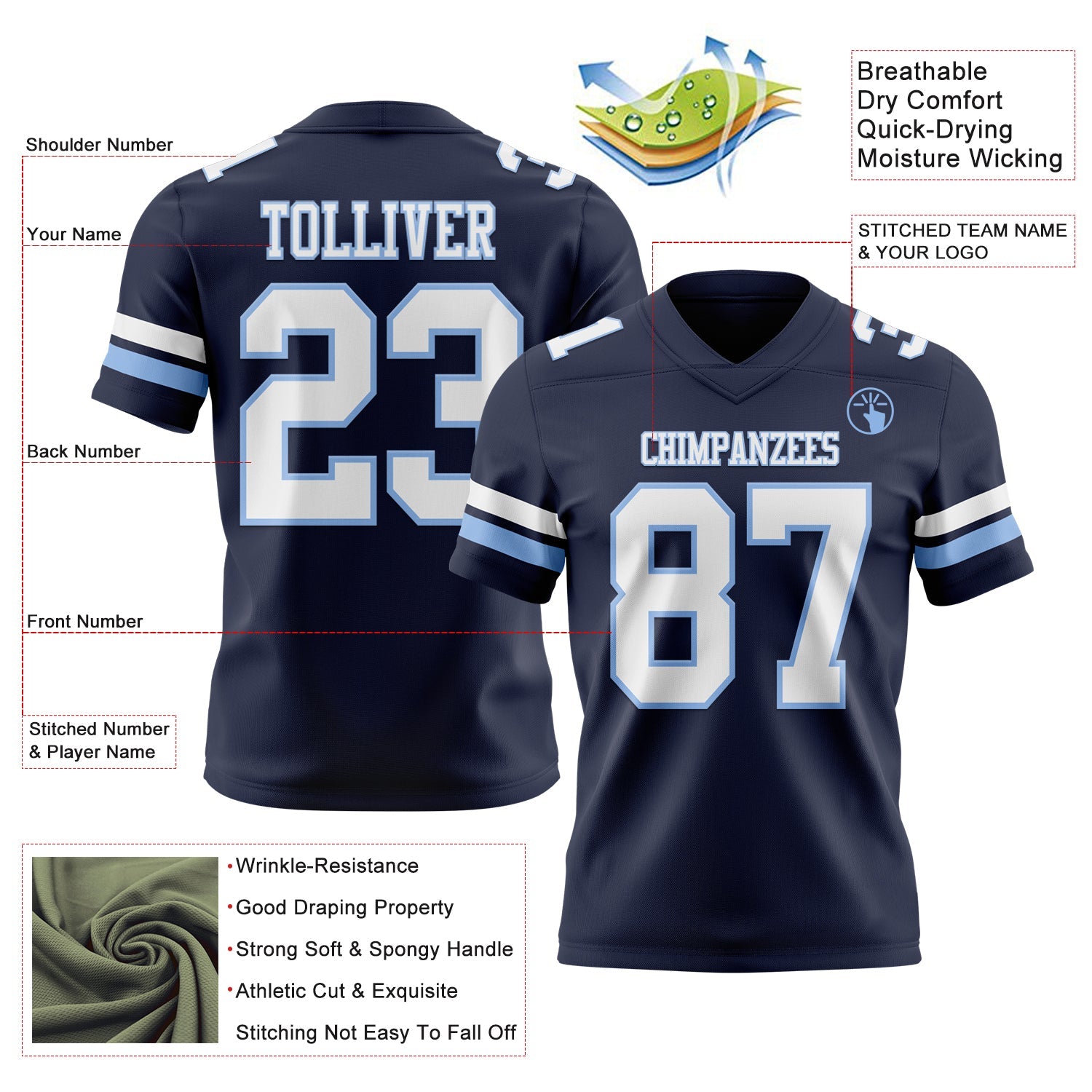 Custom Navy White-Light Blue Authentic Football Jersey