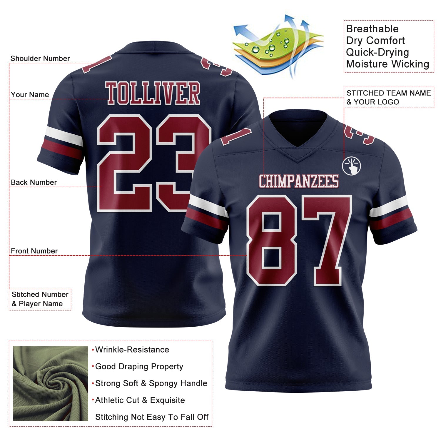 Custom Navy Crimson-White Authentic Football Jersey