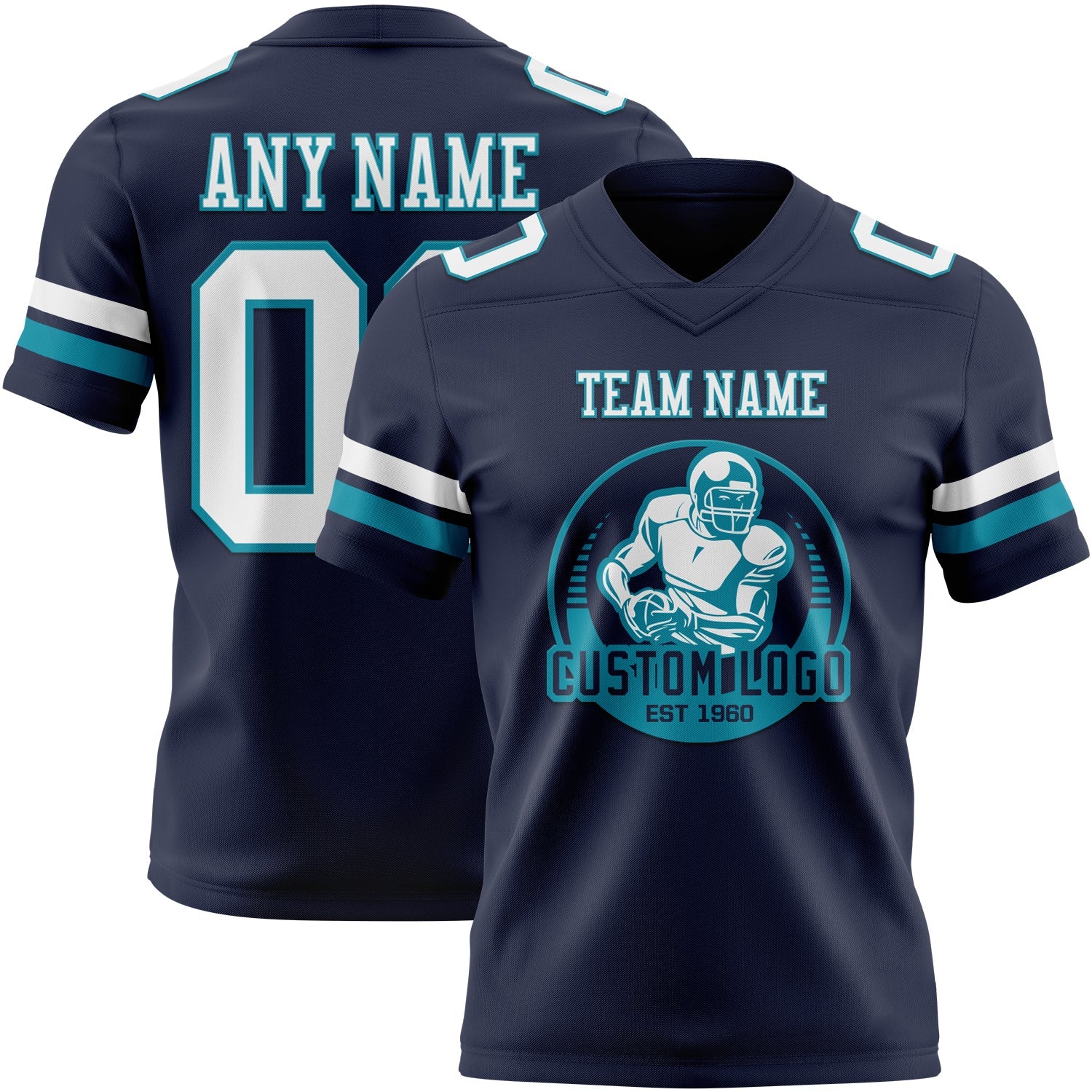 Custom Navy White-Teal Authentic Football Jersey