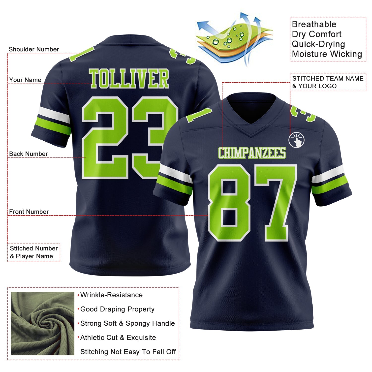 Custom Navy Neon Green-White Authentic Football Jersey