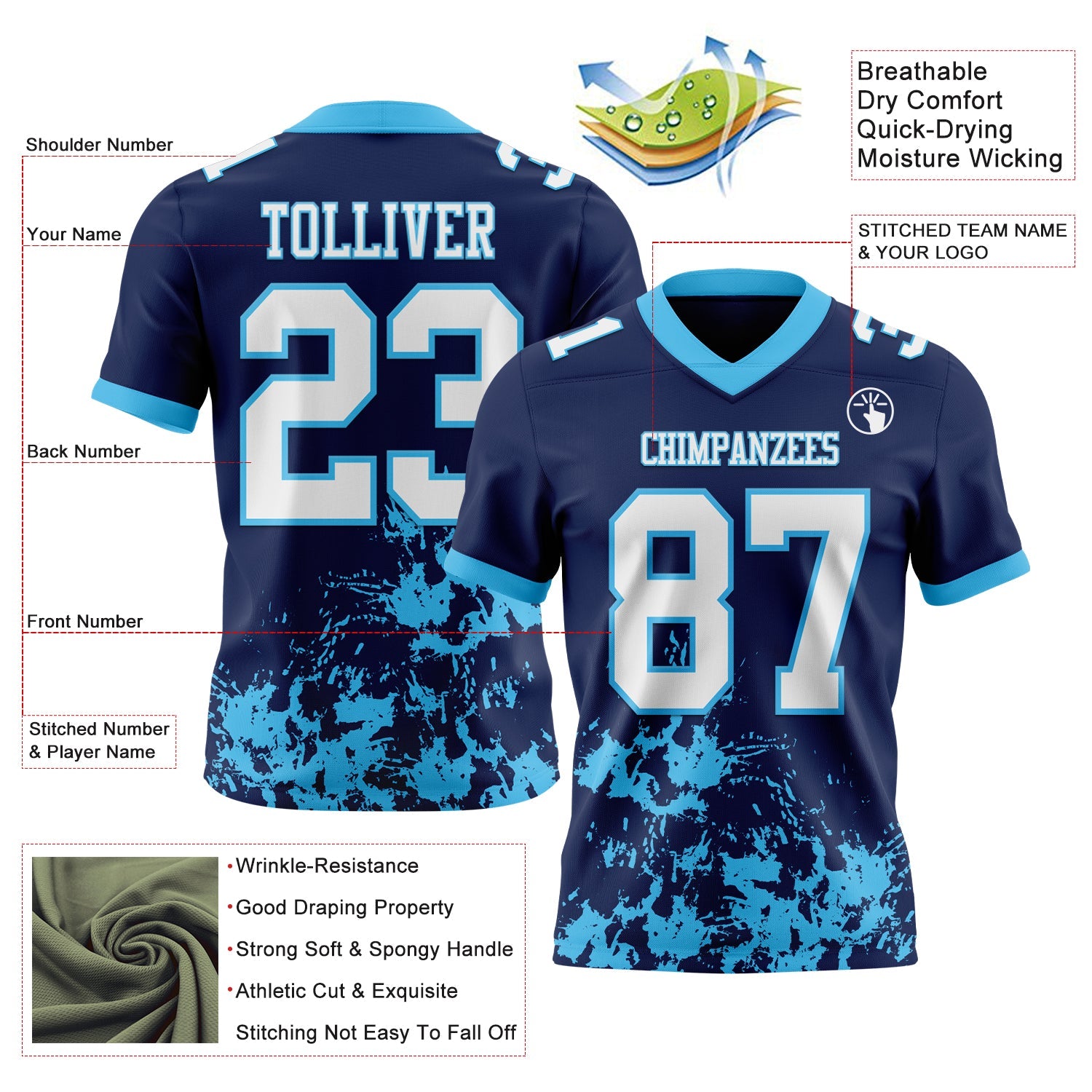 Custom Navy White-Sky Blue 3D Pattern Splash Authentic Football Jersey