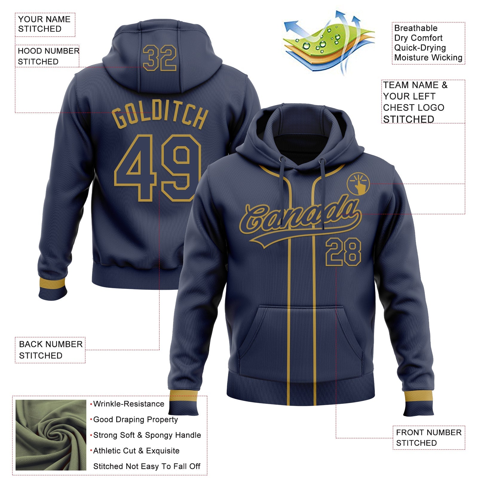 Custom Stitched Navy Old Gold Baseball Pullover Sweatshirt Hoodie