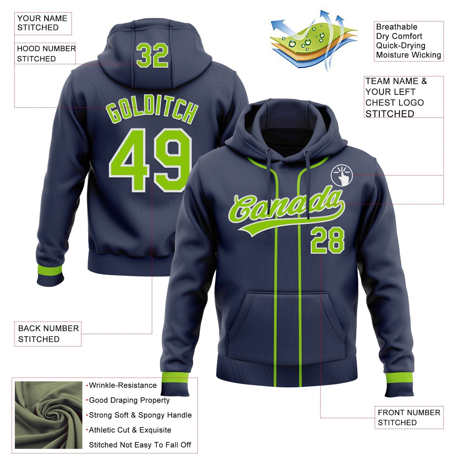 Custom Stitched Navy Neon Green-White Baseball Pullover Sweatshirt Hoodie