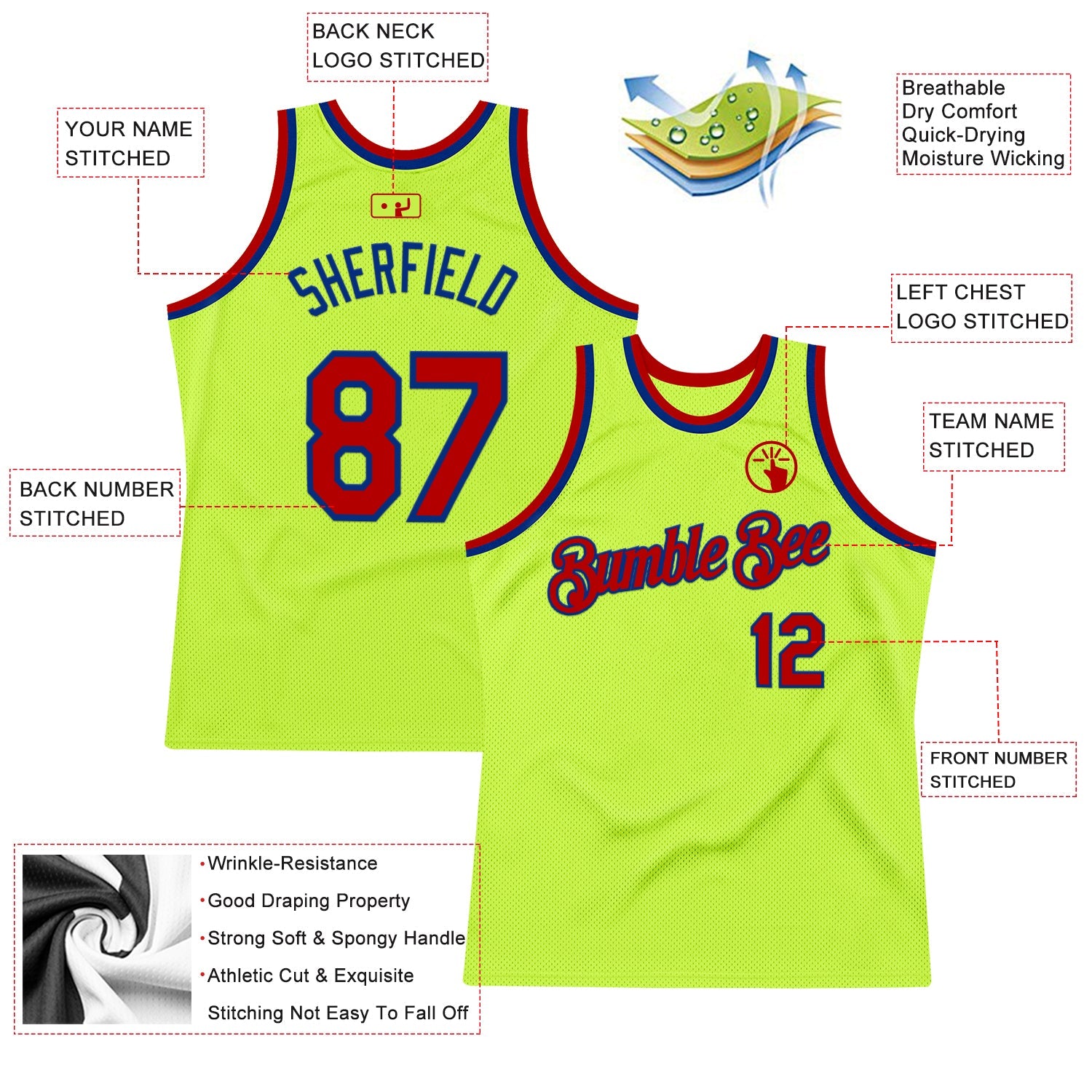 Custom Neon Green Red-Royal Authentic Throwback Basketball Jersey