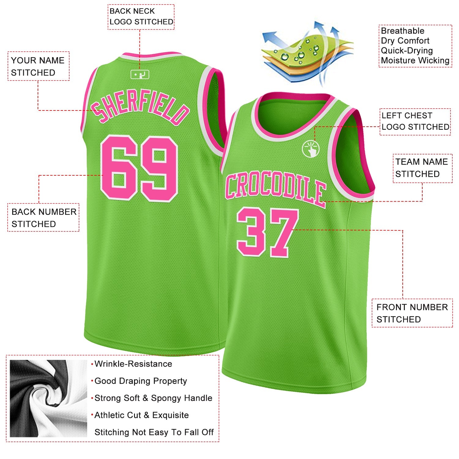 Custom Neon Green Pink-White Authentic Basketball Jersey