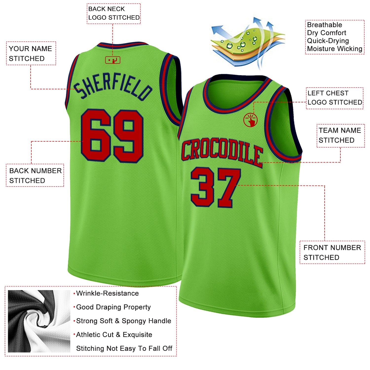 Custom Neon Green Red-Navy Authentic Basketball Jersey