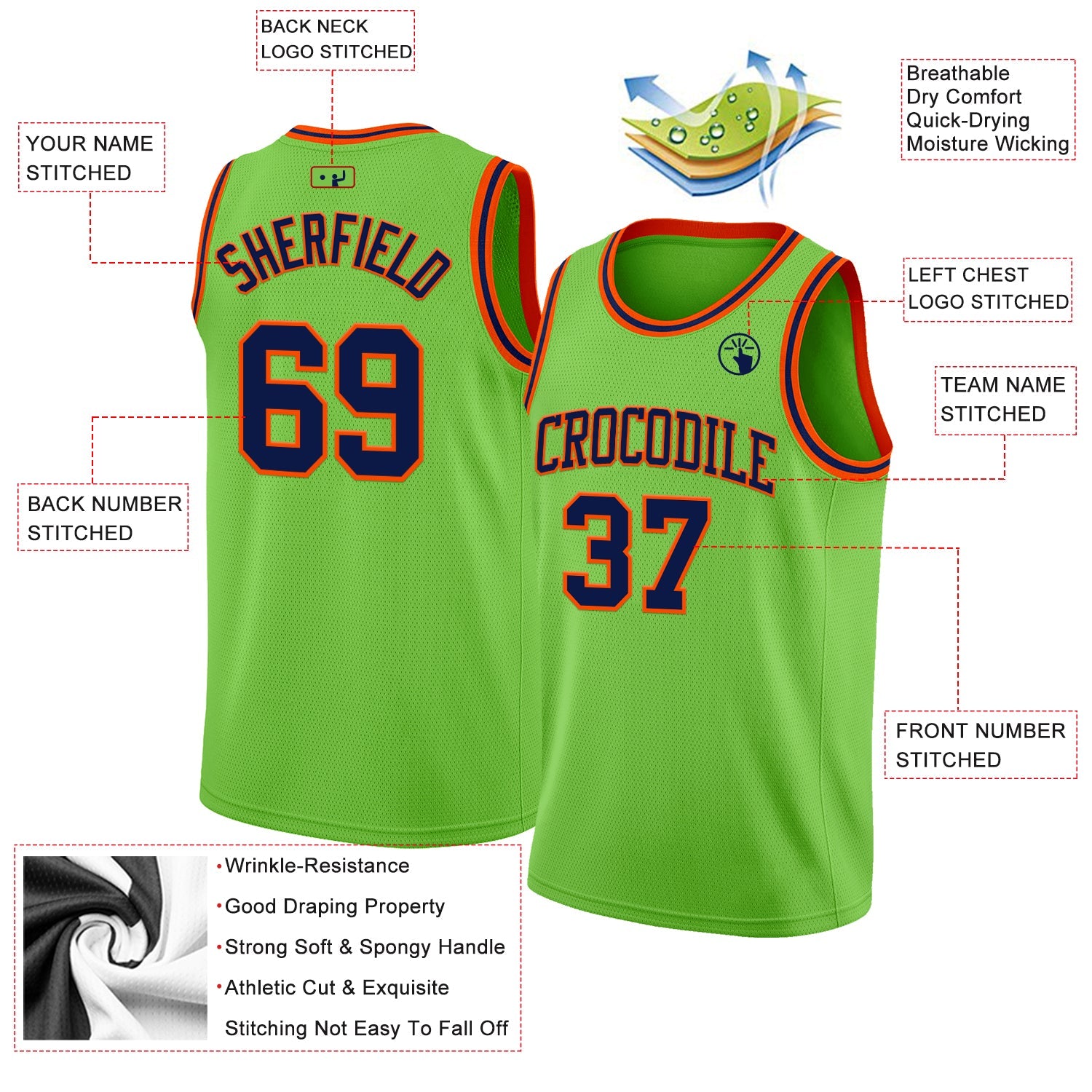 Custom Neon Green Navy-Orange Authentic Basketball Jersey