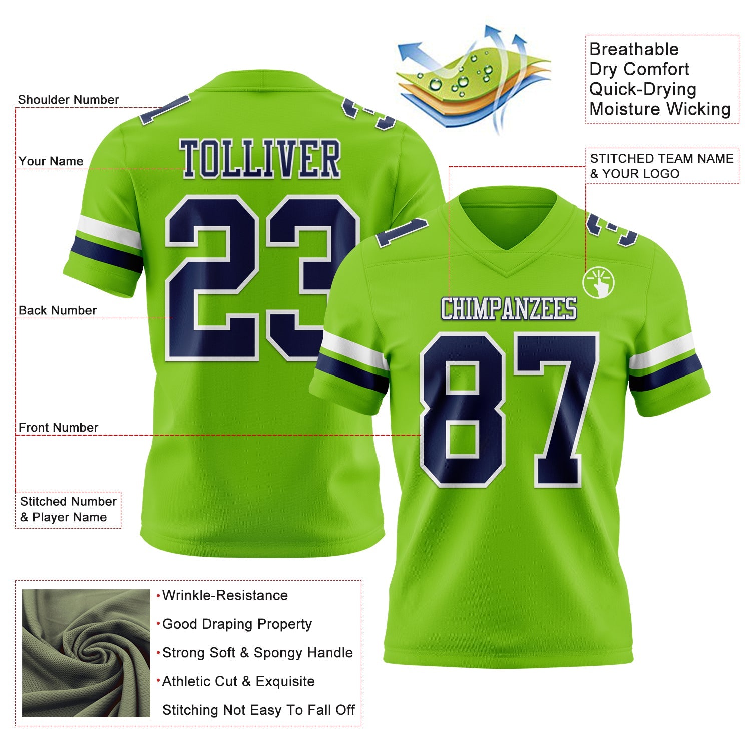 Custom Neon Green Navy-White Authentic Football Jersey