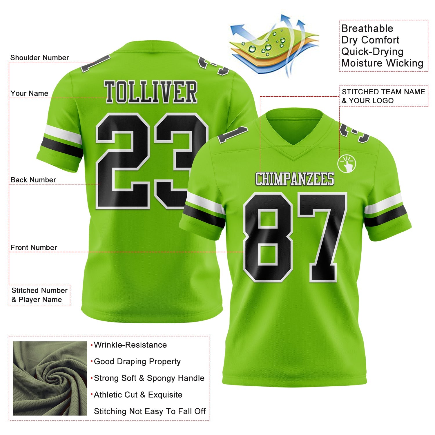 Custom Neon Green Black-White Authentic Football Jersey