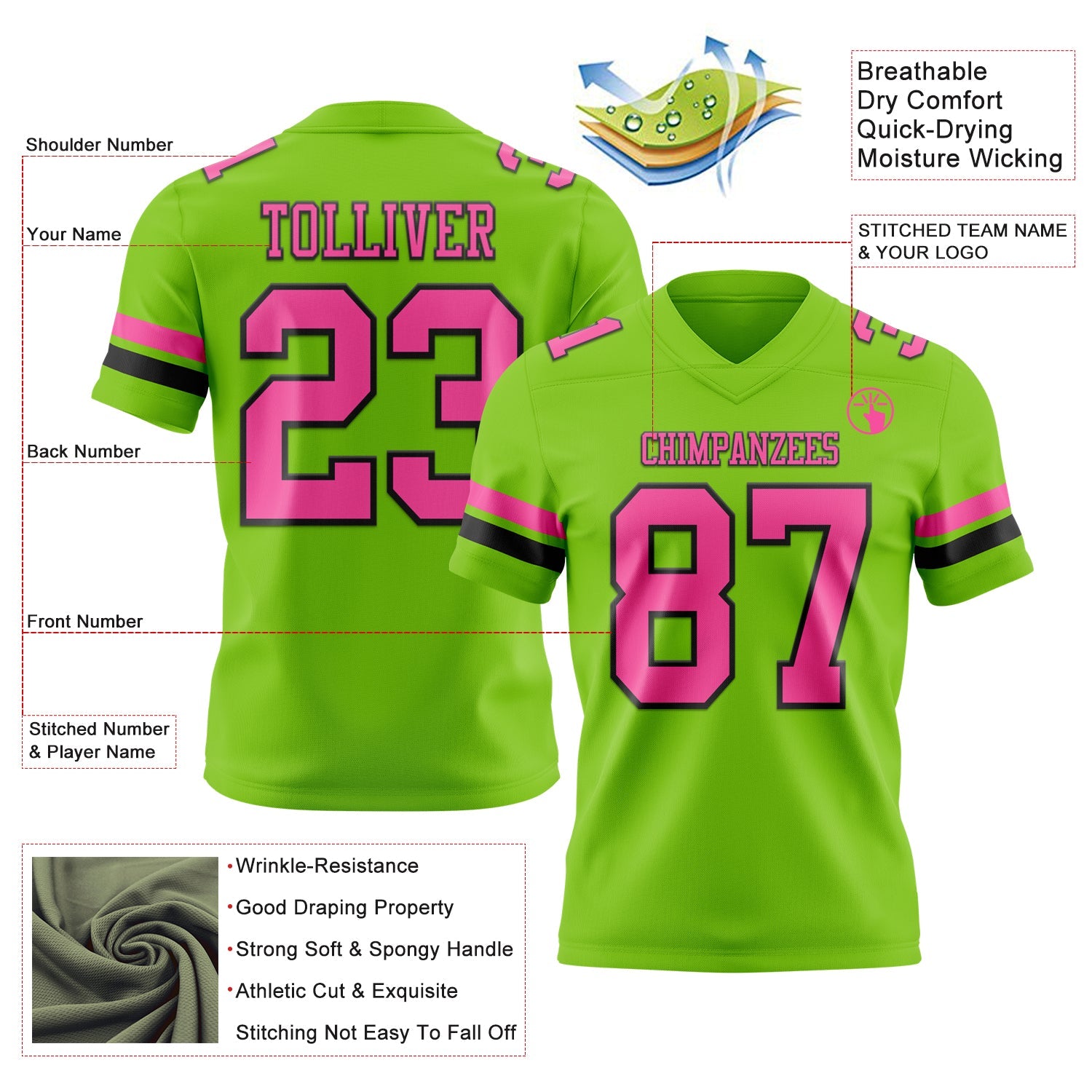 Custom Neon Green Pink-Black Authentic Football Jersey