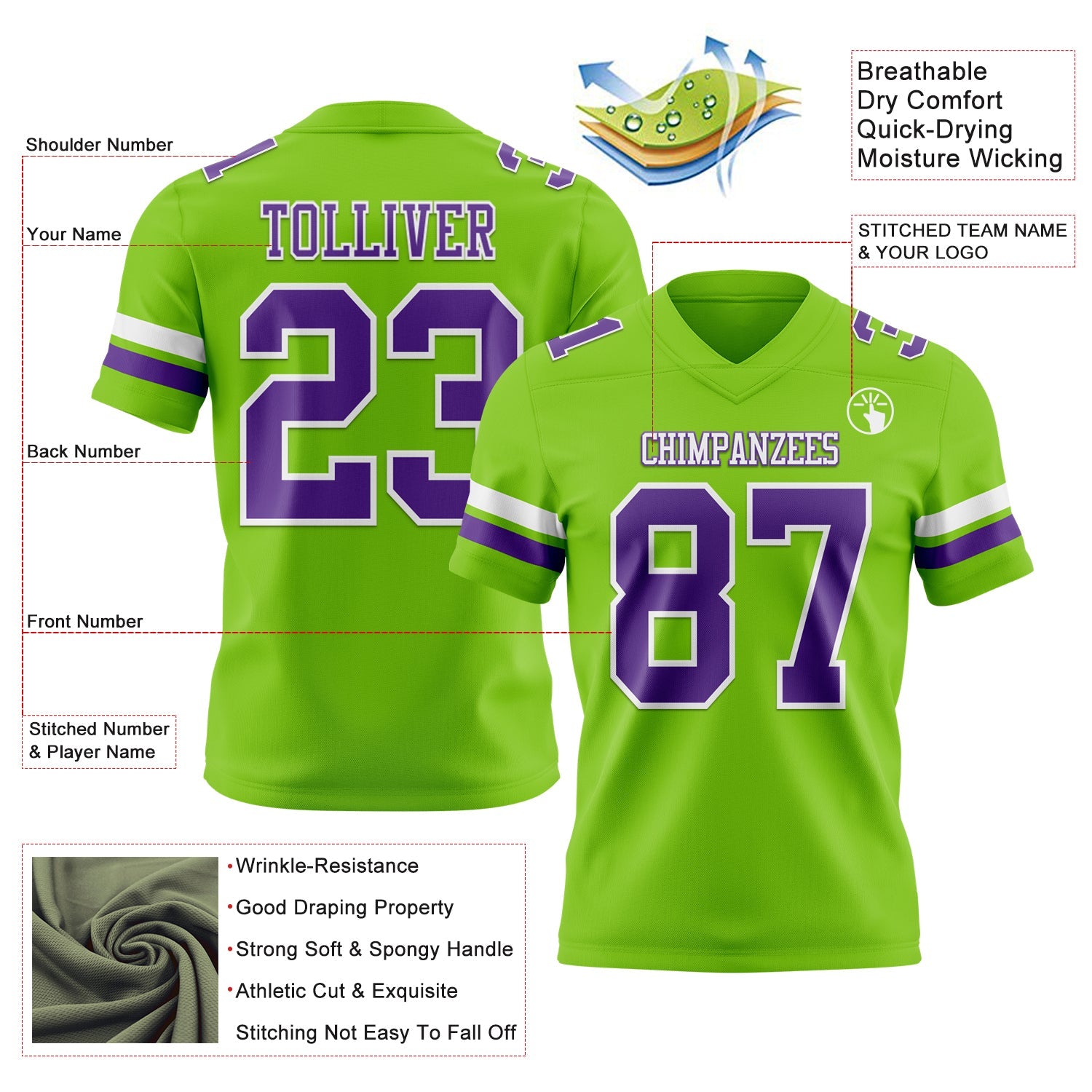 Custom Neon Green Purple-White Authentic Football Jersey