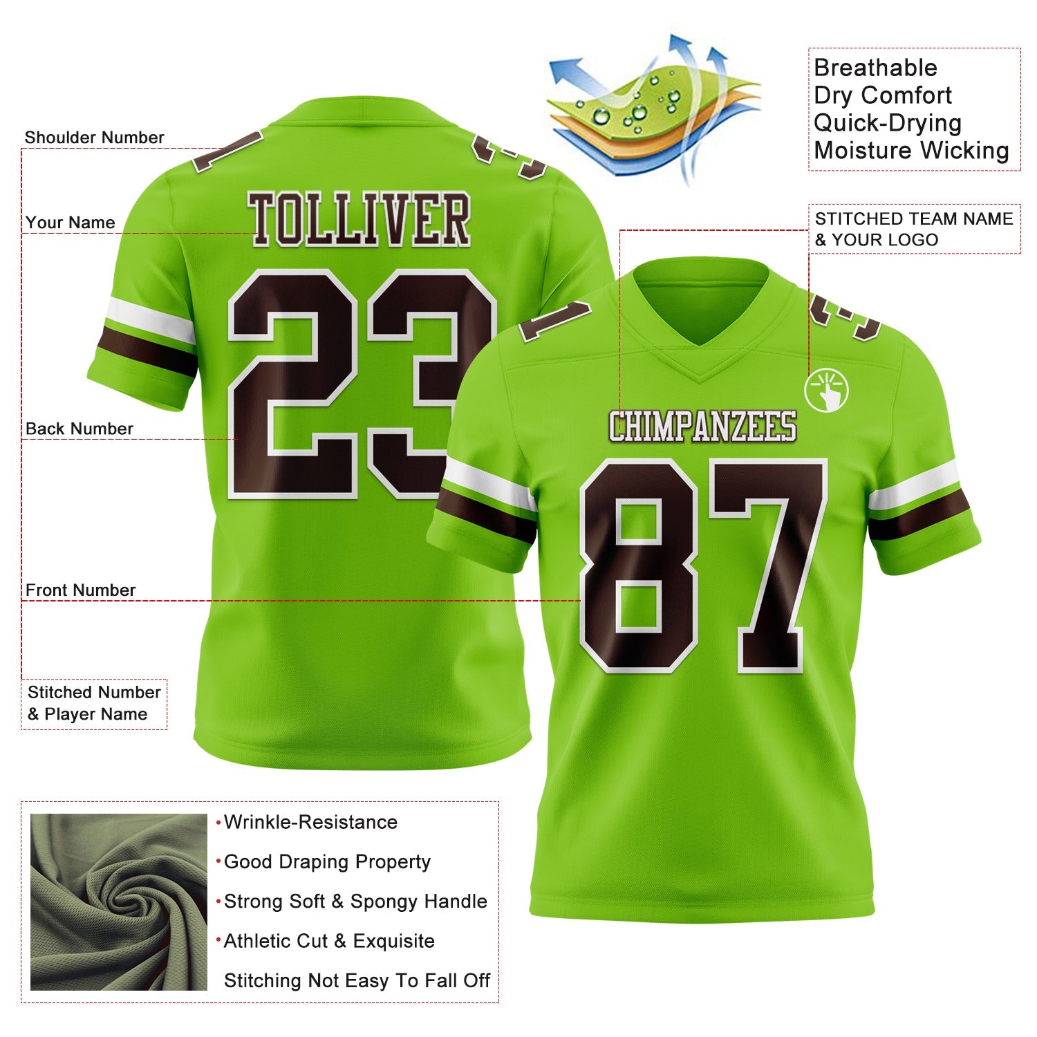Custom Neon Green Brown-White Authentic Football Jersey