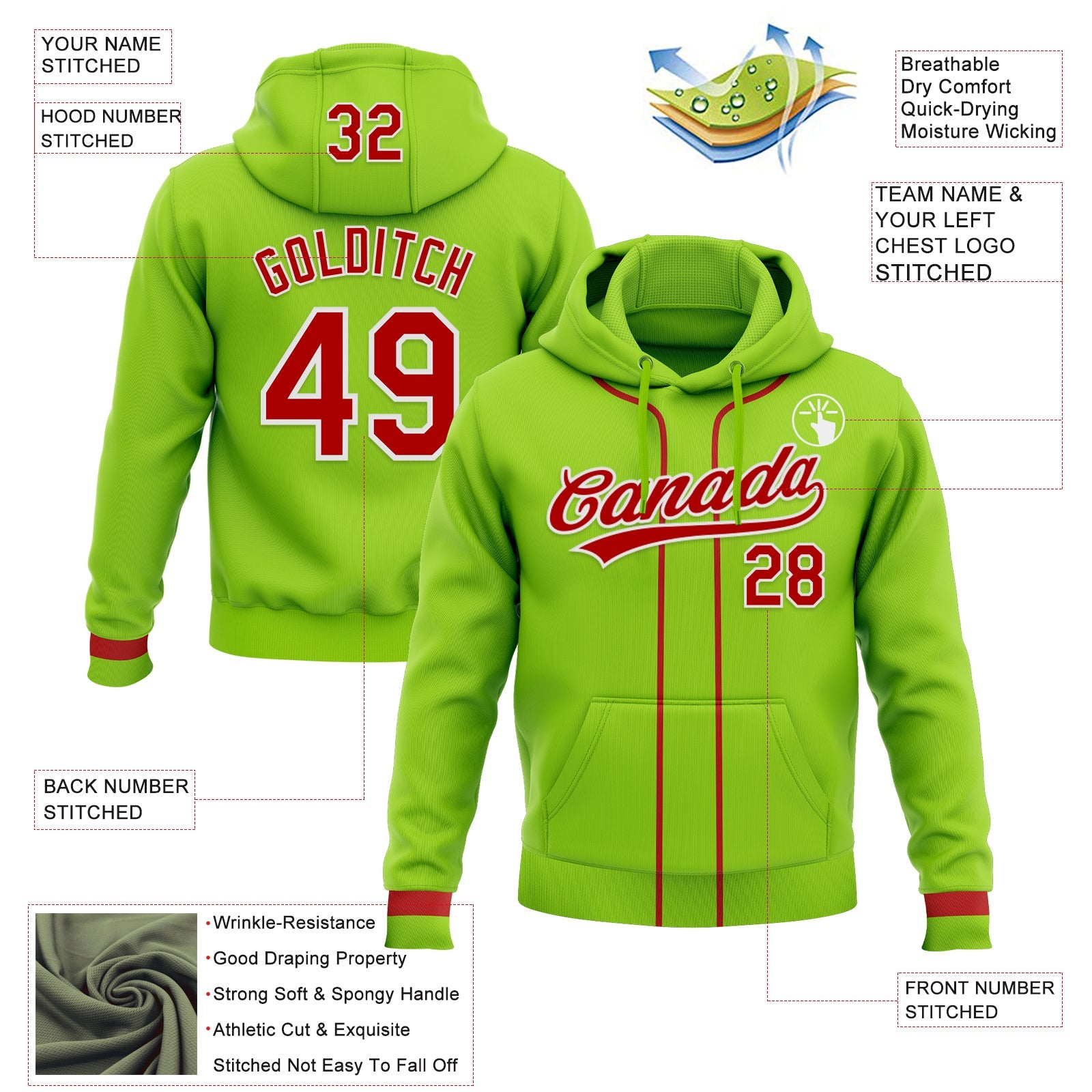 Custom Stitched Neon Green Red-White Baseball Pullover Sweatshirt Hoodie