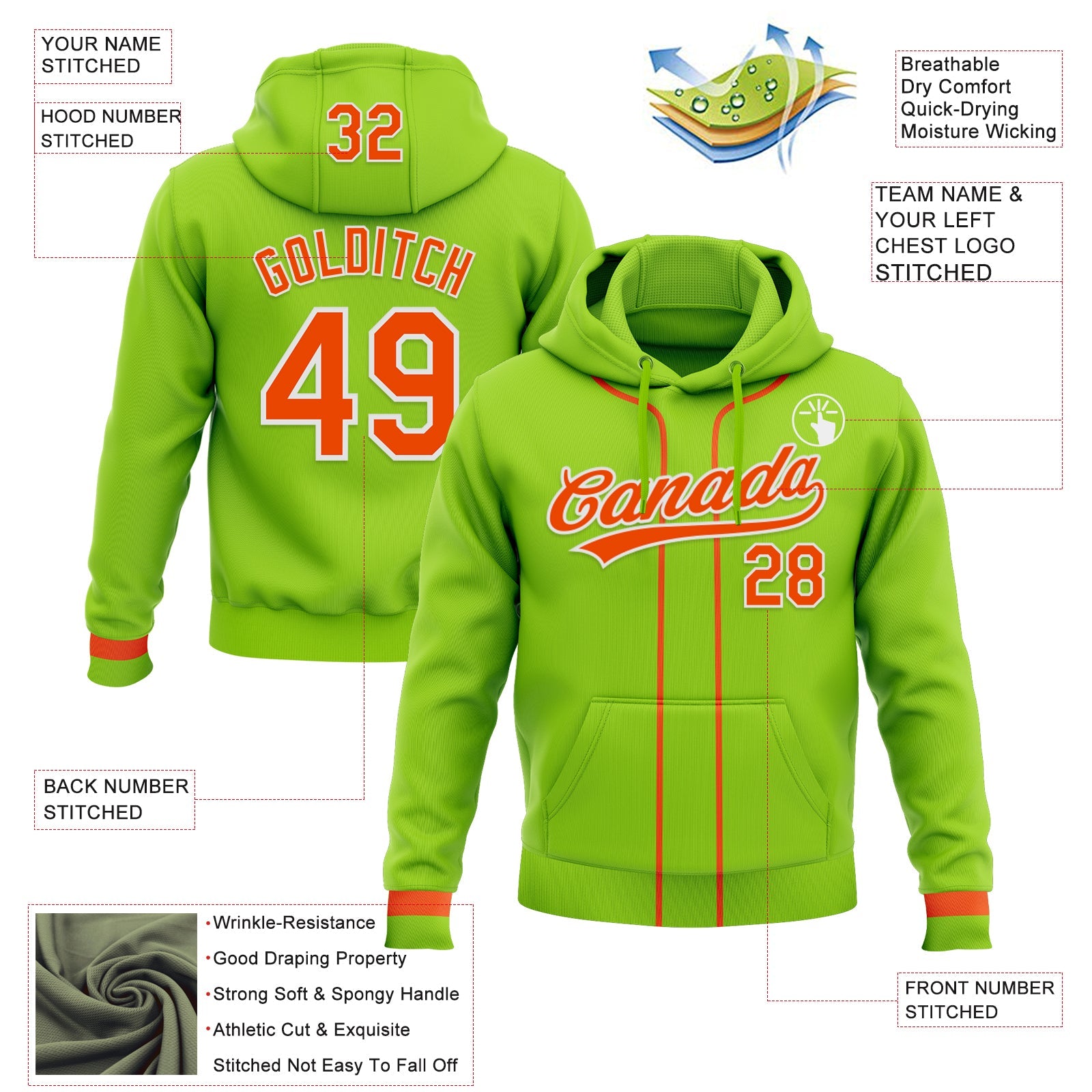 Custom Stitched Neon Green Orange-White Baseball Pullover Sweatshirt Hoodie