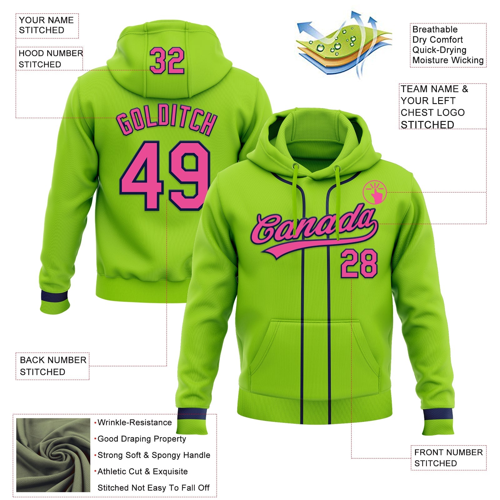 Custom Stitched Neon Green Pink-Navy Baseball Pullover Sweatshirt Hoodie