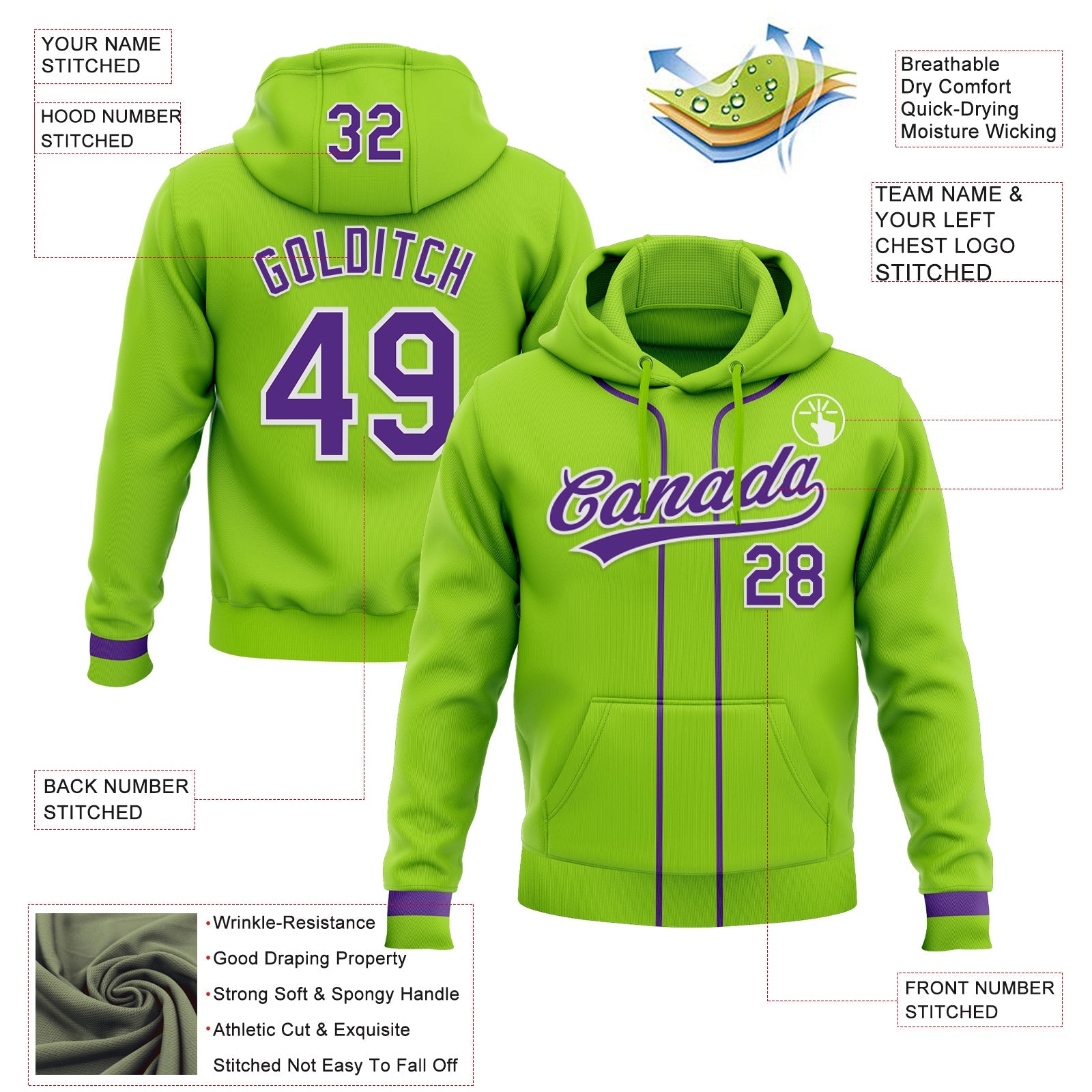 Custom Stitched Neon Green Purple-White Baseball Pullover Sweatshirt Hoodie